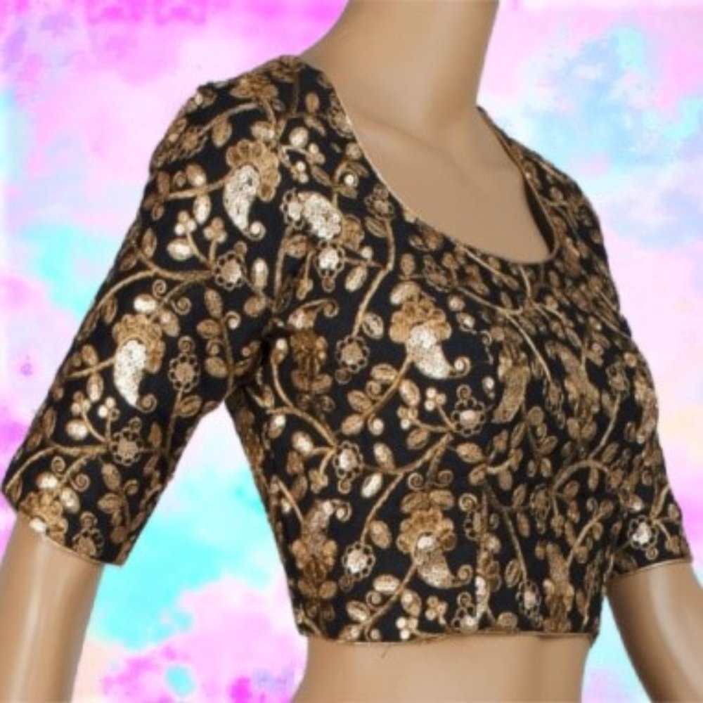 CHANDRAKALA Black and Gold Embroidered Short Sleeve Saree Blouse NEW Size M
